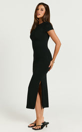 Elaine Midi Dress - Short Sleeve Slim Fit Bodycon Dress in Black